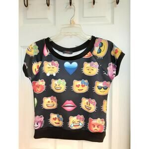 Tmani Blouse, Junior Girls Size Large Top, Kitty Emoji Pattern, Black, EUC